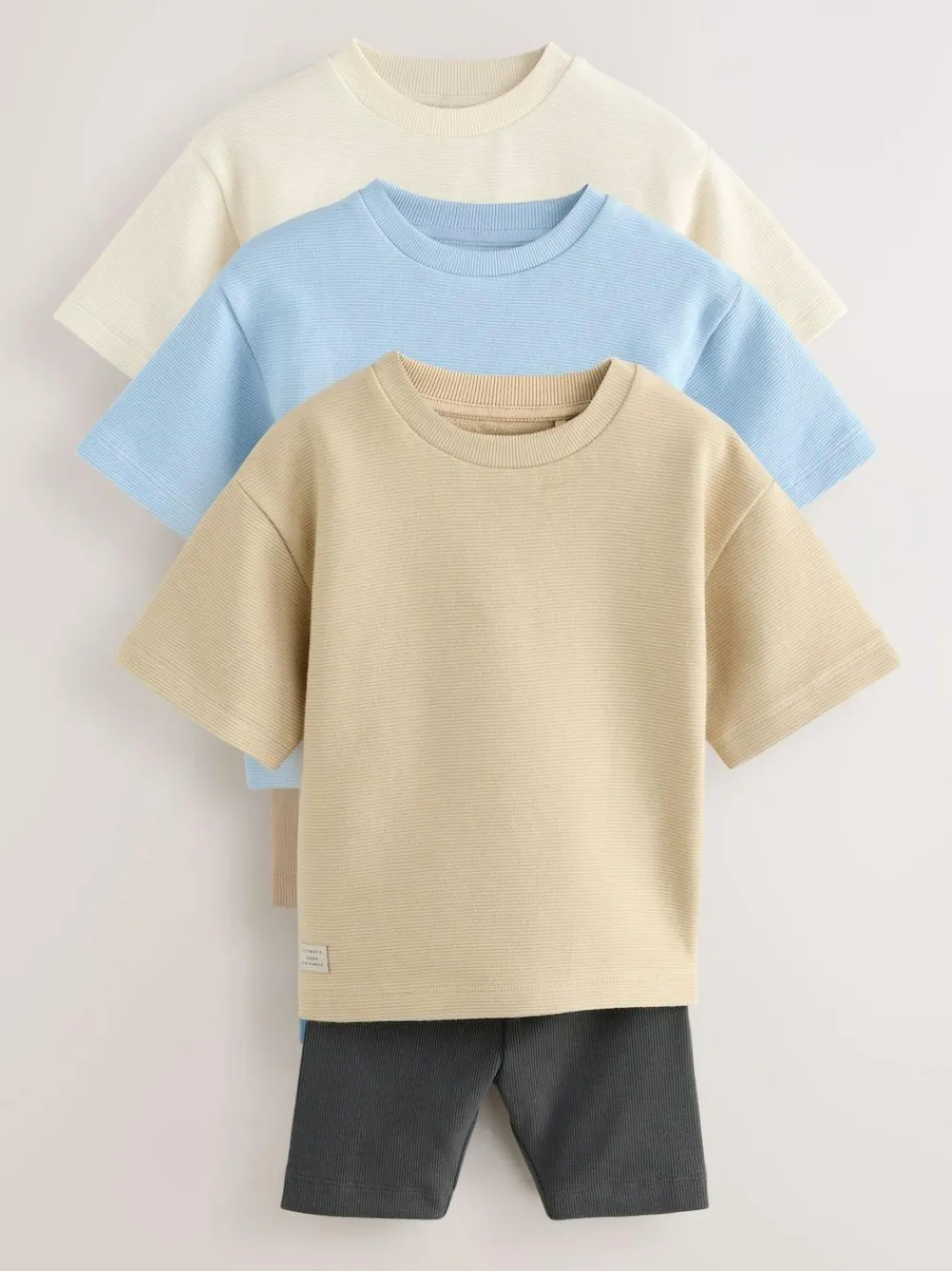 Next Multi Neutral Short Sleeve Textured T-Shirts & Cycling Shorts 3 Pack (3mths-7yrs)^BOY Shorts|Shorts
