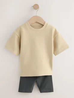 Next Multi Neutral Short Sleeve Textured T-Shirts & Cycling Shorts 3 Pack (3mths-7yrs)^BOY Shorts|Shorts