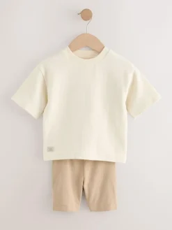 Next Multi Neutral Short Sleeve Textured T-Shirts & Cycling Shorts 3 Pack (3mths-7yrs)^BOY Shorts|Shorts