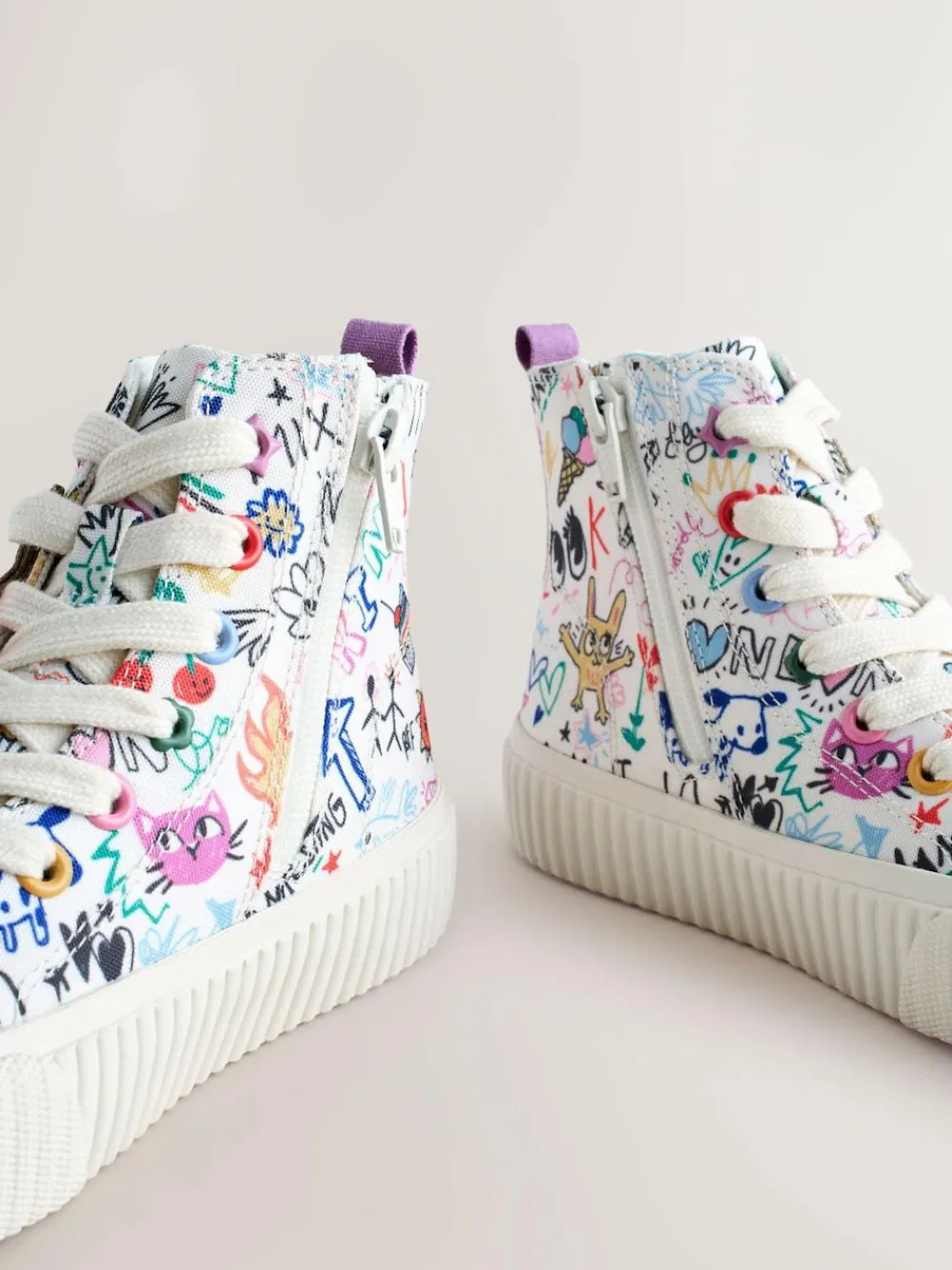 Next Multi Sketchy Print Standard Fit (F) Lace Up High Top Trainers^ Sneakers