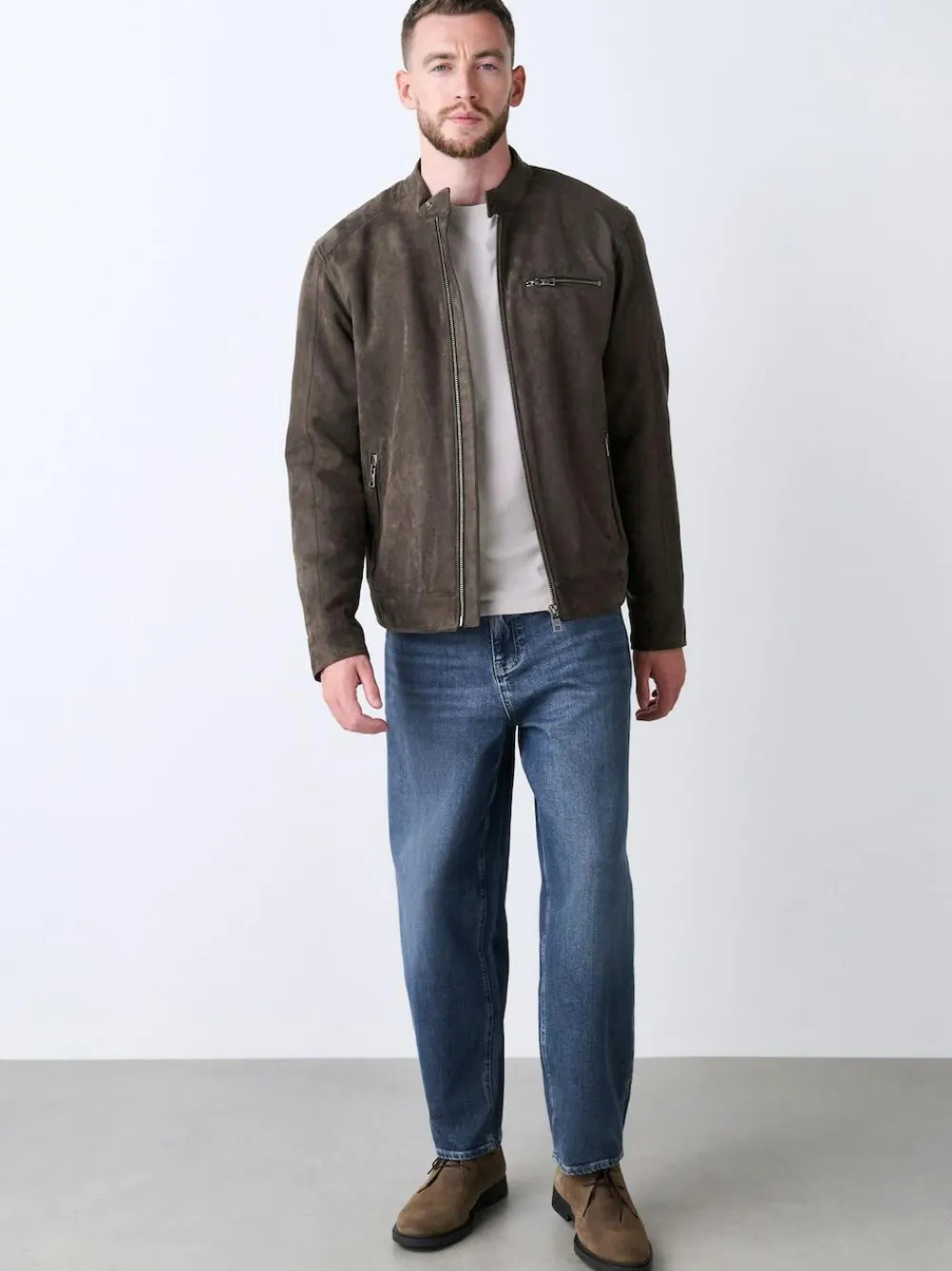 Hot Next Faux Suede Borg Lined Zip Jacket Mushroom Brown