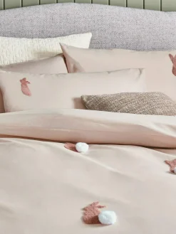 Best Next Natural Bunny 100% Cotton Tufted Pom Duvet Cover and Pillowcase Set