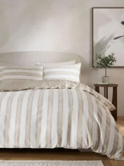 Online Next Brushed Cotton Reversible Duvet Cover and Pillowcase Set Natural Stripe