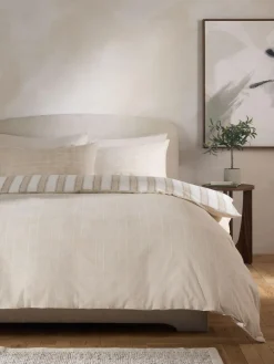 Online Next Brushed Cotton Reversible Duvet Cover and Pillowcase Set Natural Stripe