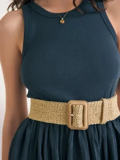 Next Natural/Gold Wide Raffia Effect Belt^Women Belts