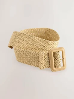 Next Natural/Gold Wide Raffia Effect Belt^Women Belts
