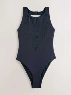 Next Navy Blue Broderie Cutwork High Neck Tummy Control Swimsuit^Women Swimwear