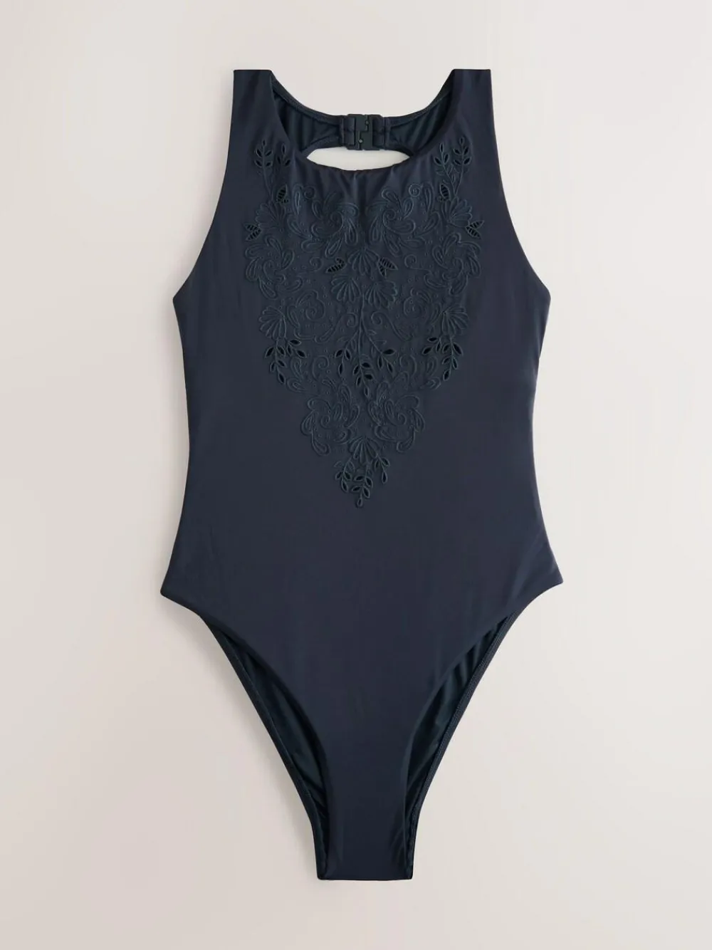 Next Navy Blue Broderie Cutwork High Neck Tummy Control Swimsuit^Women Swimwear