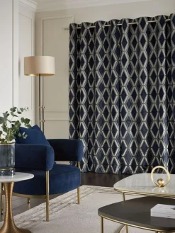 Next Navy Blue Collection Luxe Heavyweight Geometric Lined Cut Velvet Blackout/Thermal Eyelet Curtains