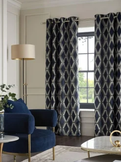 Next Navy Blue Collection Luxe Heavyweight Geometric Lined Cut Velvet Blackout/Thermal Eyelet Curtains