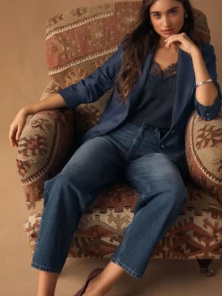 Next Navy Blue Denim Look Fitted Single Breasted Blazer^Women Blazers|Suits & Tailoring