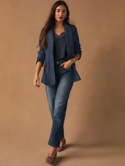 Next Navy Blue Denim Look Fitted Single Breasted Blazer^Women Blazers|Suits & Tailoring