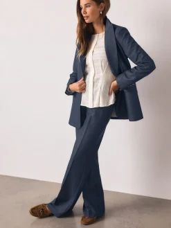 Next Navy Blue Denim Look Fitted Single Breasted Blazer^Women Blazers|Suits & Tailoring
