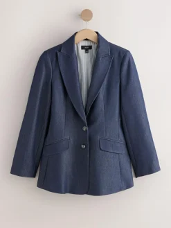 Next Navy Blue Denim Look Fitted Single Breasted Blazer^Women Blazers|Suits & Tailoring