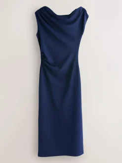 Next Draped Midi Ruched Dress Navy Blue