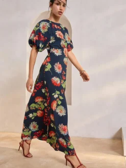 Best Next Print Puff Sleeve Midi Dress Navy Blue Floral