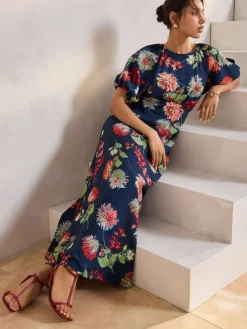 Best Next Print Puff Sleeve Midi Dress Navy Blue Floral
