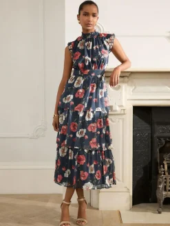 Discount Next Printed High Neck Tiered Occasion Maxi Dress Navy Blue Floral