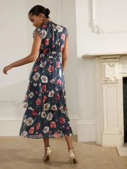 Discount Next Printed High Neck Tiered Occasion Maxi Dress Navy Blue Floral