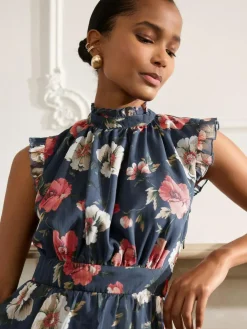 Discount Next Printed High Neck Tiered Occasion Maxi Dress Navy Blue Floral