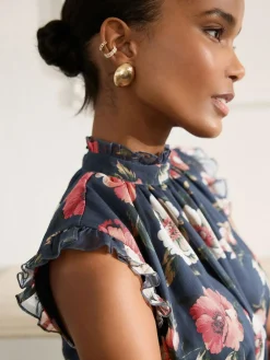 Discount Next Printed High Neck Tiered Occasion Maxi Dress Navy Blue Floral