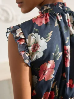 Discount Next Printed High Neck Tiered Occasion Maxi Dress Navy Blue Floral