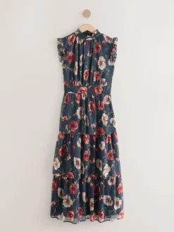 Discount Next Printed High Neck Tiered Occasion Maxi Dress Navy Blue Floral