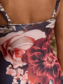 Next Navy Blue Floral Shaping Tummy Control Bandeau Swimsuit^Women Swimwear