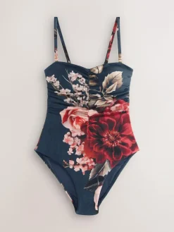 Next Navy Blue Floral Shaping Tummy Control Bandeau Swimsuit^Women Swimwear