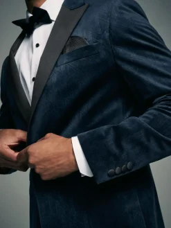 Online Next Slim Fit Patterned Velvet Blazer Navy Blue Geometric