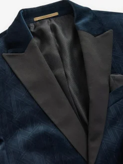 Online Next Slim Fit Patterned Velvet Blazer Navy Blue Geometric