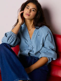 Hot Next Navy Blue Heart Heart Embroidered V-Neck Puff Sleeve Denim Blouse