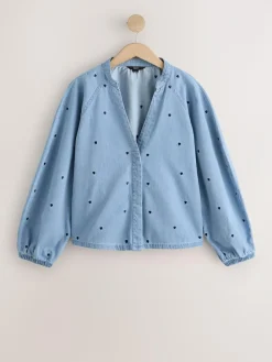 Hot Next Navy Blue Heart Heart Embroidered V-Neck Puff Sleeve Denim Blouse