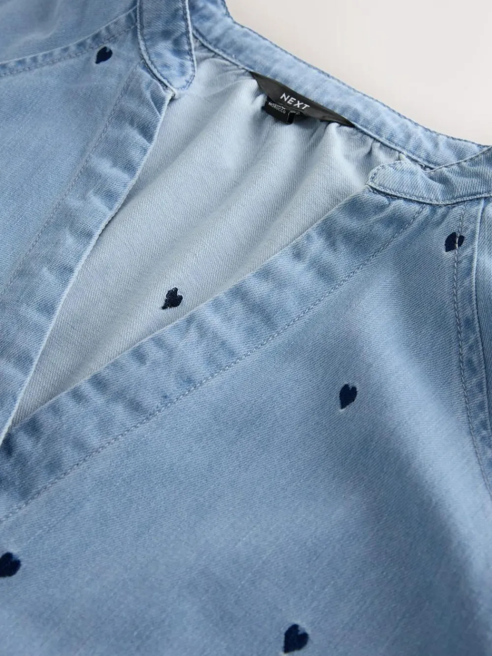 Hot Next Navy Blue Heart Heart Embroidered V-Neck Puff Sleeve Denim Blouse