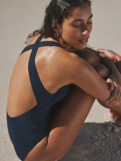 Discount Next Navy Blue High Neck Lattice Tummy Control Swimsuit