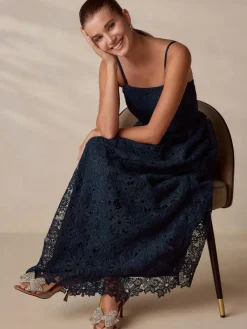 Next Navy Blue Lace Bandeau Midi Dress^Women Occasion Dresses|Midi Dresses