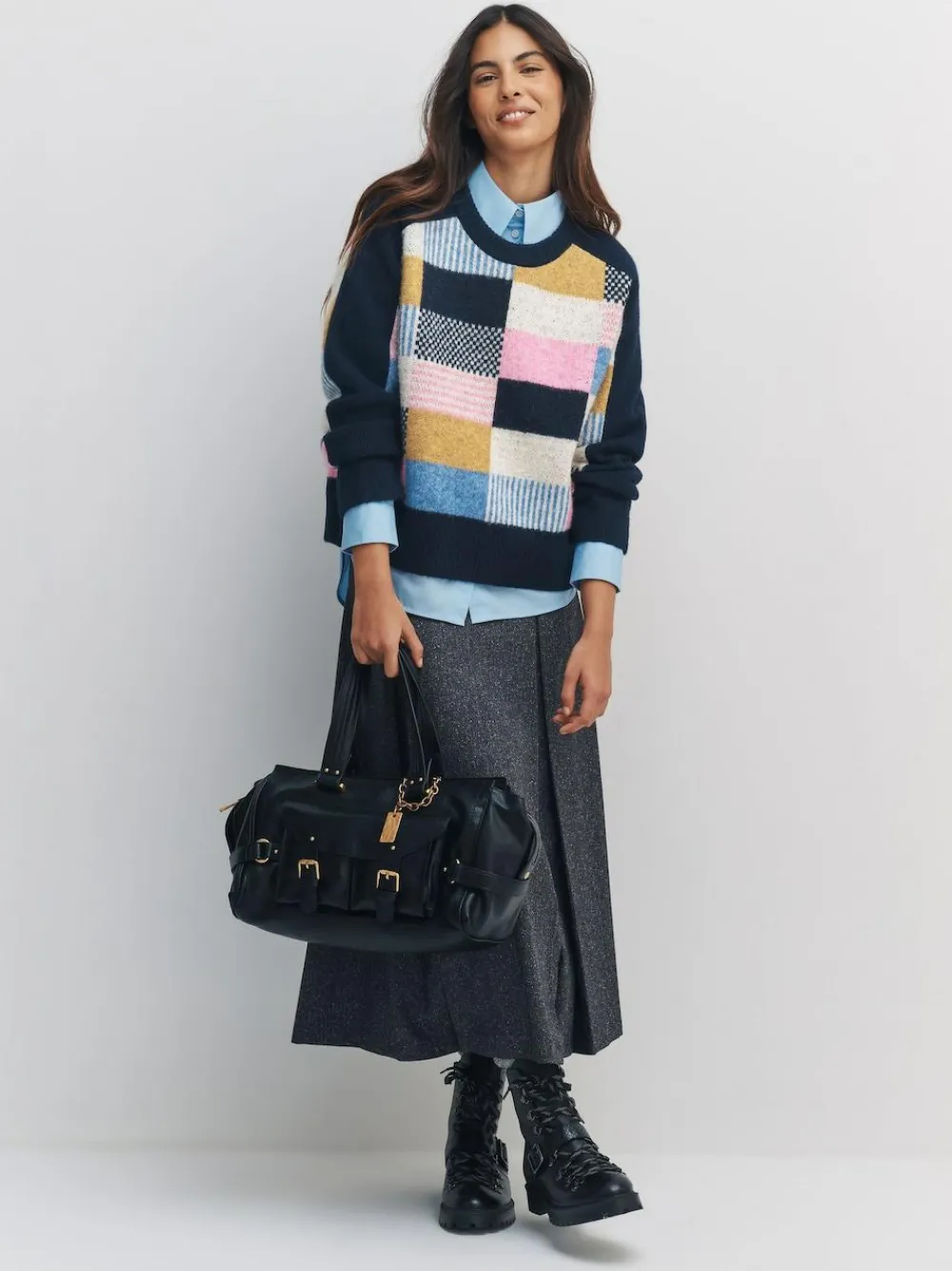 Next Navy Blue Multi Patched Crew Neck Knitted Jumper with Wool^Women Nightwear|Knitwear