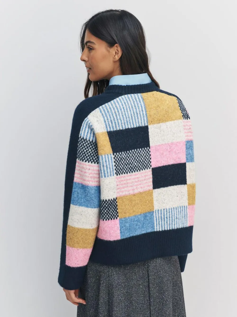 Next Navy Blue Multi Patched Crew Neck Knitted Jumper with Wool^Women Nightwear|Knitwear