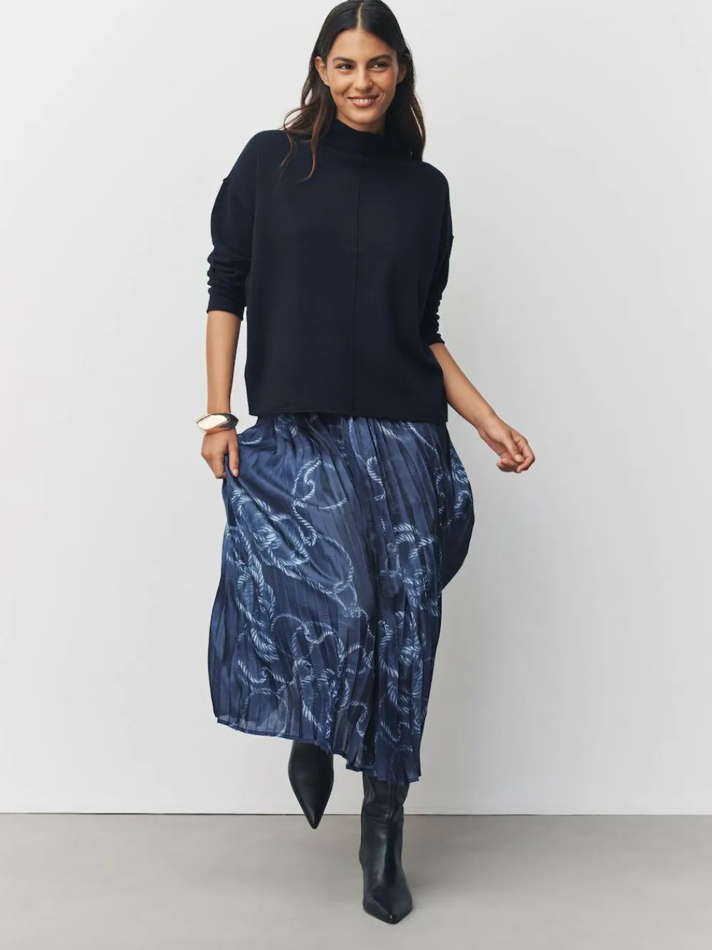 Next 2-In-1 Knitted Jumper with Pleated Midi Skirt Navy Blue Nautical Print