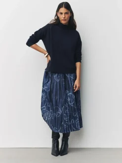 Next 2-In-1 Knitted Jumper with Pleated Midi Skirt Navy Blue Nautical Print