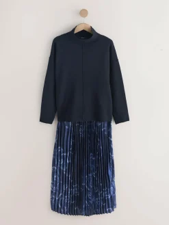 Next 2-In-1 Knitted Jumper with Pleated Midi Skirt Navy Blue Nautical Print