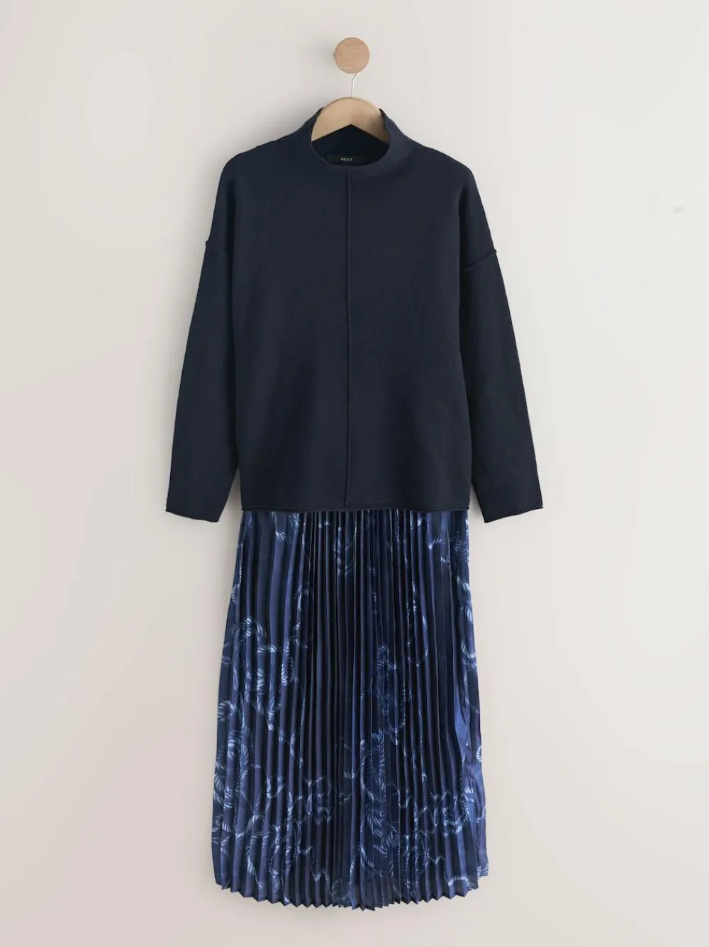 Next 2-In-1 Knitted Jumper with Pleated Midi Skirt Navy Blue Nautical Print