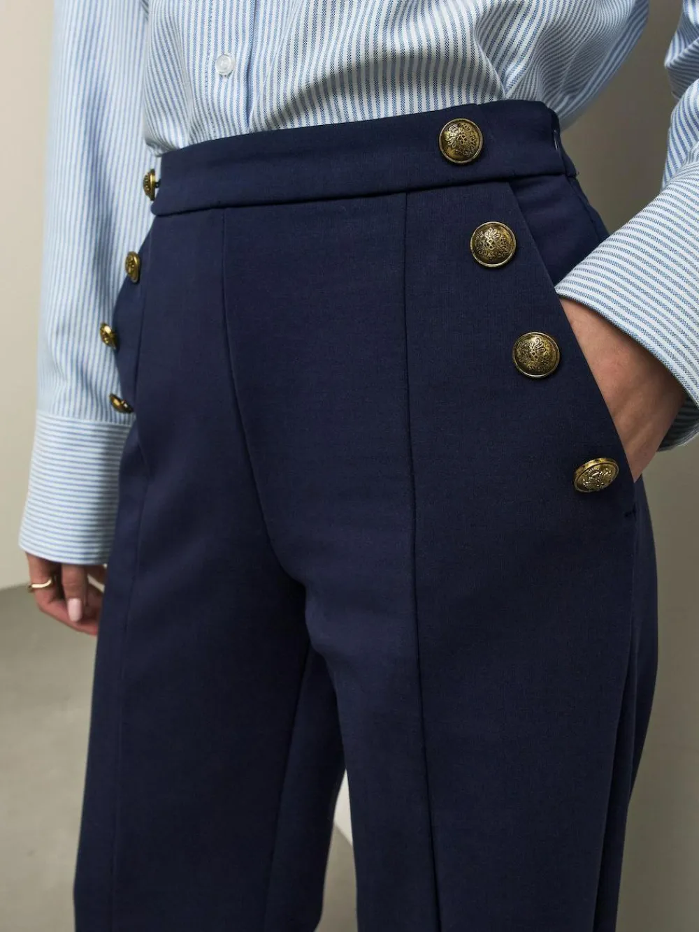 Best Next Ponte Wide Leg Trousers With Gold Button Detailing Navy Blue