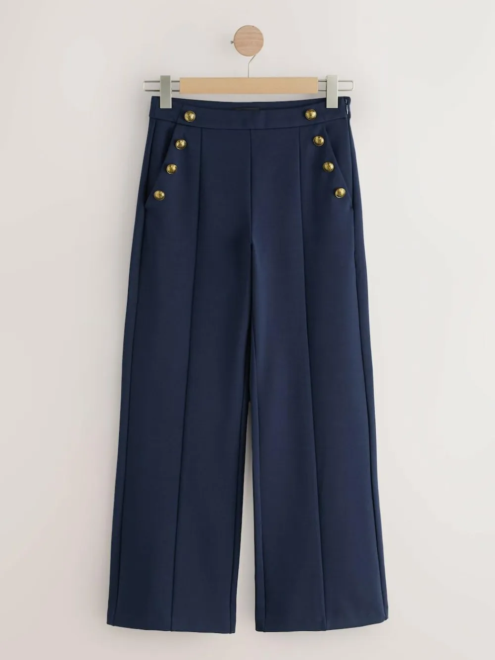 Best Next Ponte Wide Leg Trousers With Gold Button Detailing Navy Blue