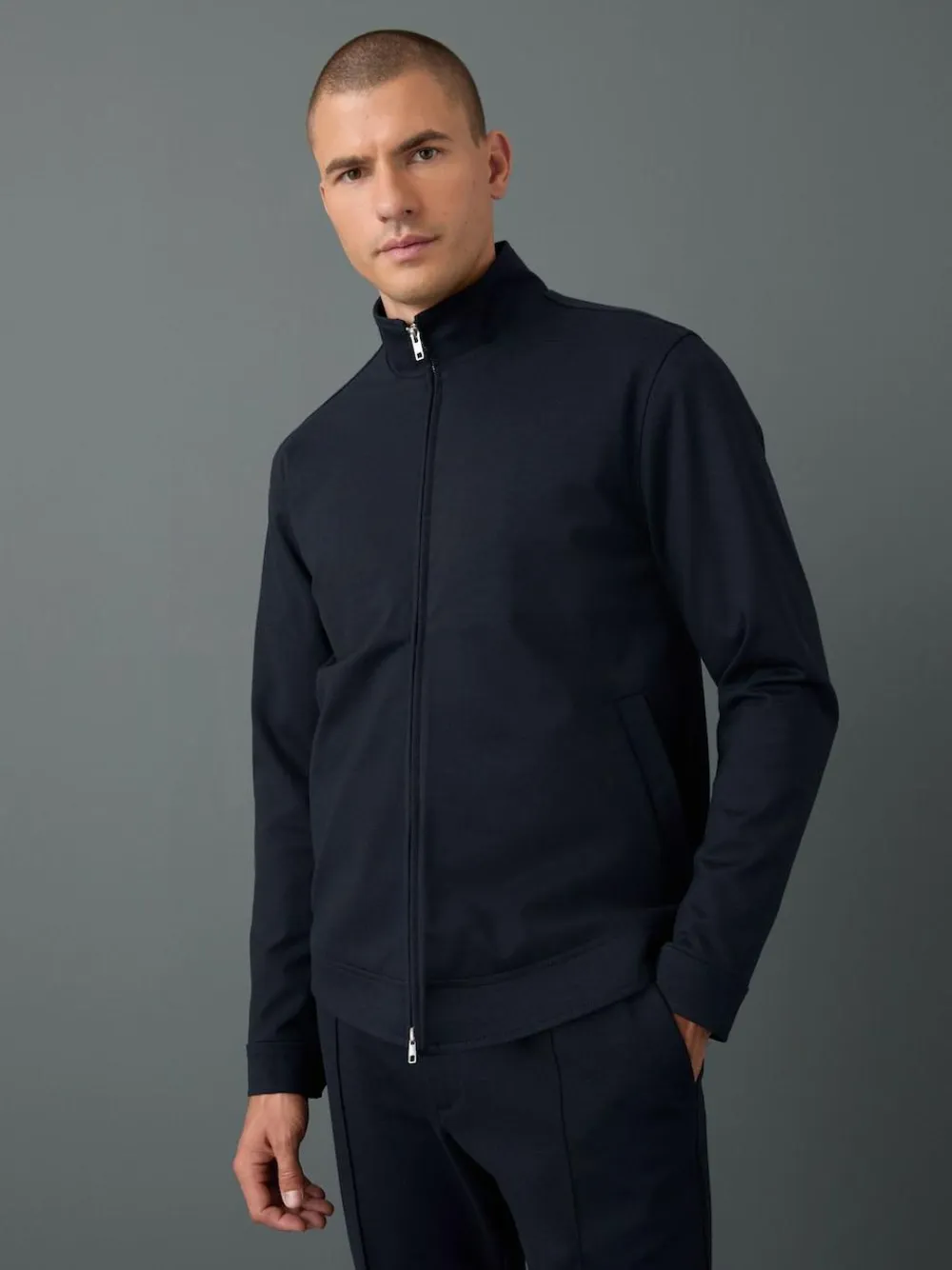 Hot Next Premium Smart Funnel Neck Zip Through With Wool Navy Blue
