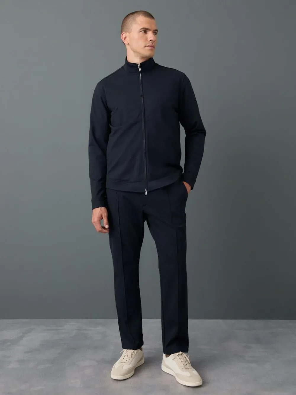Hot Next Premium Smart Funnel Neck Zip Through With Wool Navy Blue