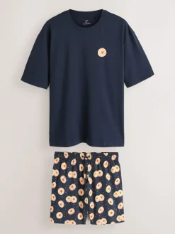 Next Navy Blue Printed Short Sleeve Jersey Pyjamas Set^ Pyjamas|Nightwear