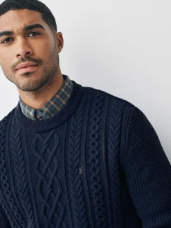 Next Navy Blue Regular Fit Aran Cable Mock Shirt Jumper^ Knitwear|Knitwear