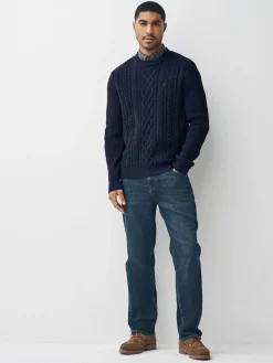 Next Navy Blue Regular Fit Aran Cable Mock Shirt Jumper^ Knitwear|Knitwear