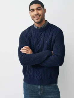 Next Navy Blue Regular Fit Aran Cable Mock Shirt Jumper^ Knitwear|Knitwear
